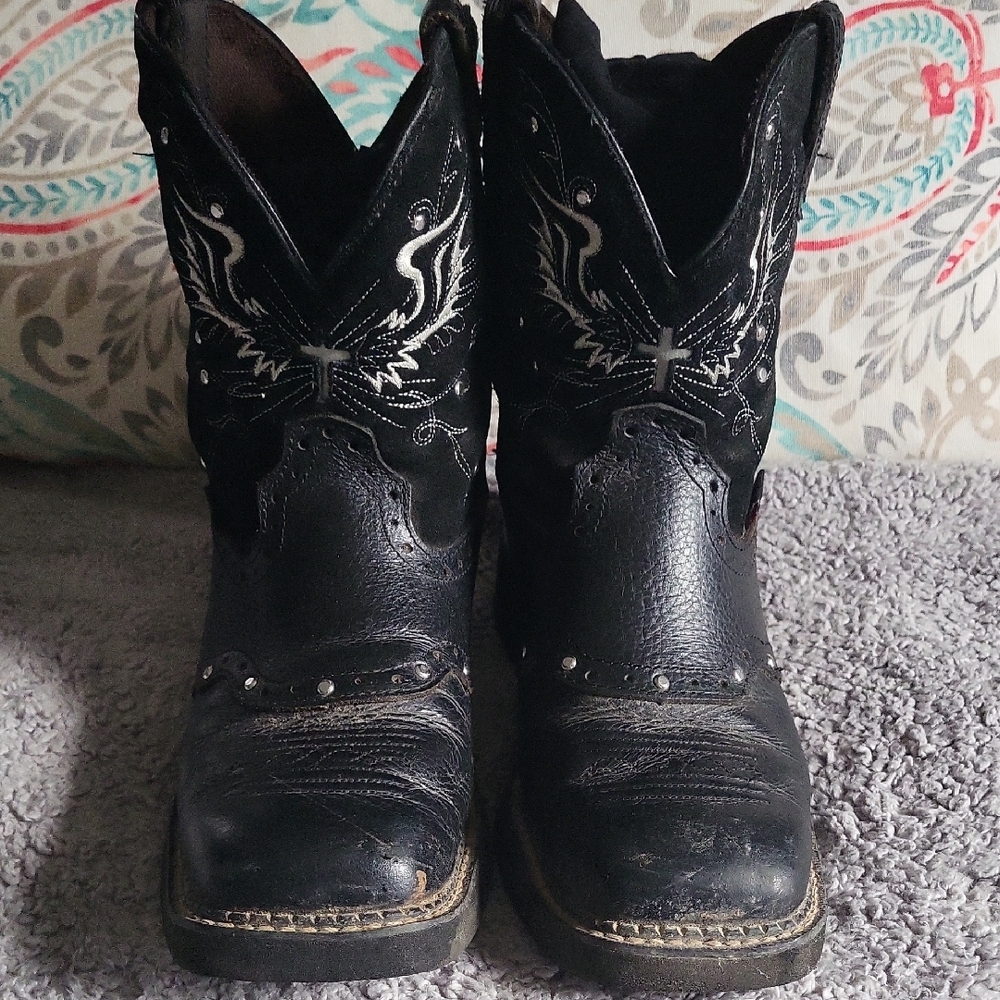 Justin Boots Black Leather Western Ankle Boots with Silver Stitching